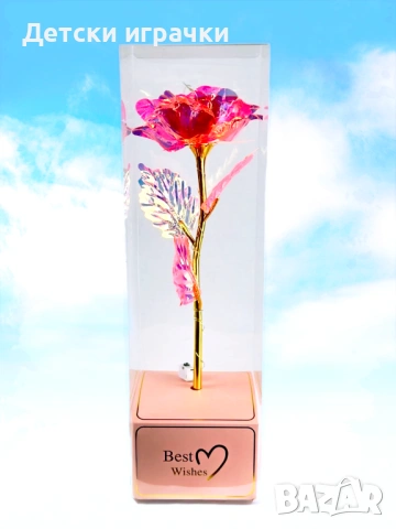 Вечна Роза в кутия със златно покритие 40см с LED светлини, снимка 2 - Други - 53091849