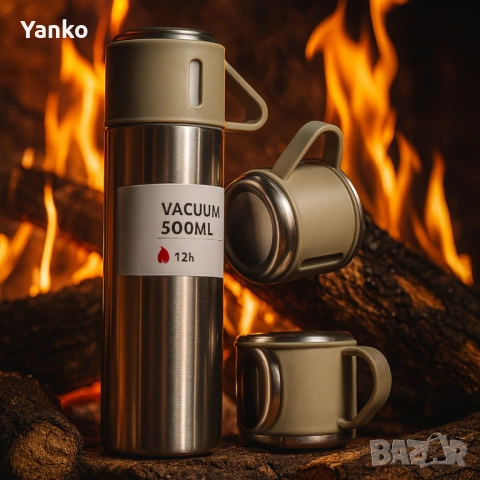 Подаръчен комплект термос с 3 чаши, зелен, розов, сив, снимка 5 - Други - 53942790