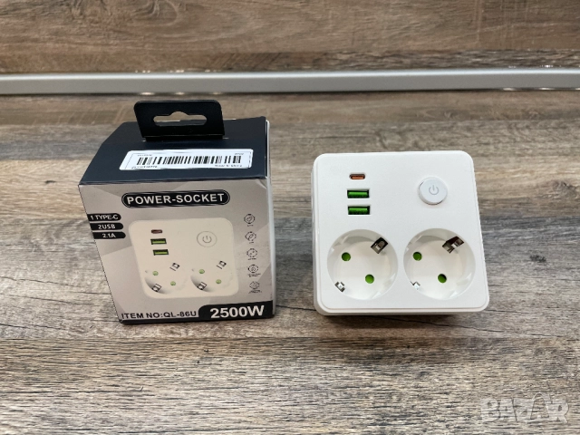 Разклонител зарядно с 2 гнезда + 2 USB-A + 1 USB-C Нов
