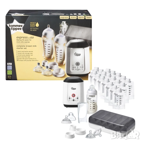 Tommee Tippee Express and Go Complete Starter Kit Система за Кърма без Преливане, Пликове Нагревател