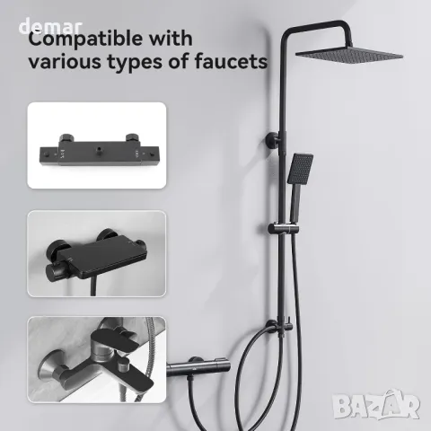 Комплект душ с регулируема релса DERW, с квадратна глава тип „Rainfall“ 25 см, черен, снимка 3 - Душове - 49987959