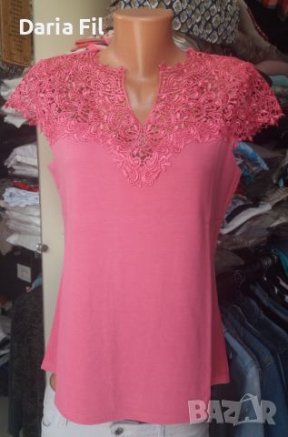 РАЗКОШНА блуза в наситен розово-динен цвят с красива дантела , снимка 1 - Тениски - 46005026