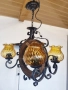Красив полилей съчетание от дървено колело и елементи на ковано желязо, жълти стъкленици и розетка , снимка 3