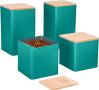 Regal Trunk Комплект от 4 метални кутии с бамбукови капаци за кухня, Син/тюркоаз