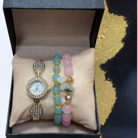 Елегантен дамски комплект аксесоари - часовник с камъни цирконии и 2 броя гривни с естествени камъни, снимка 2 - Бижутерийни комплекти - 45762066