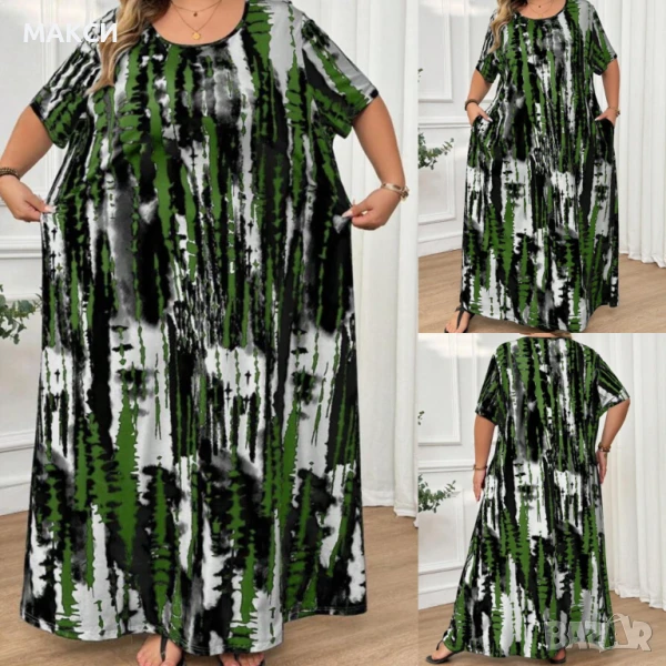 Дълга рокля в зелено с късо ръкавче, силно еластична, с джобове, КОД 864, снимка 1