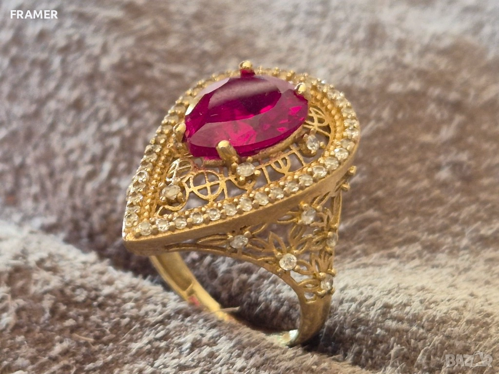 ЗЛАТЕН 14 КАРАТА Стилен елегантен пръстен с Рубин и циркони, снимка 1