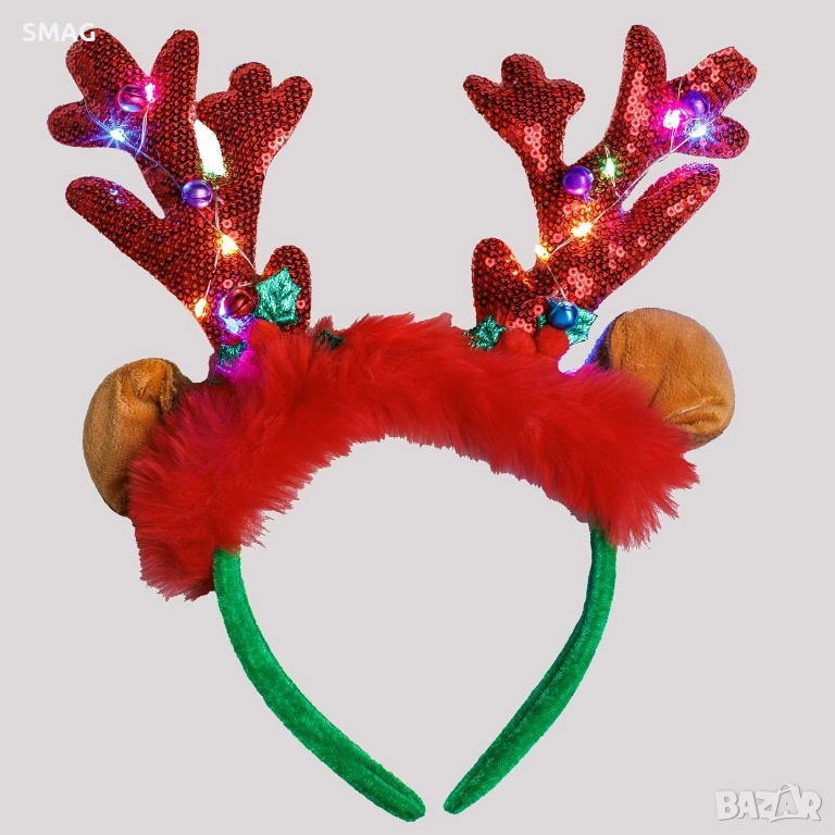 Коледна диадема рога с пайети, LED светлини и ушички 20×13 см_1255081, снимка 1