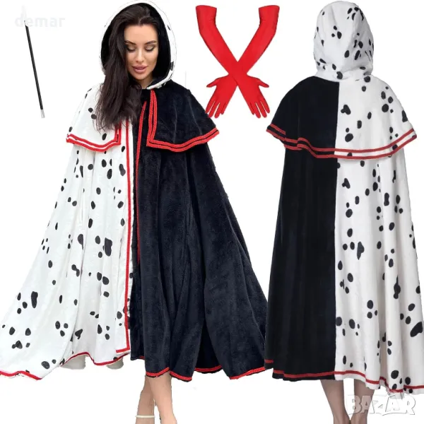 MAISUIZI Костюм Cruella Deville, черно и бяло, с качулка и червени ръкавици, L, снимка 1