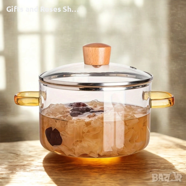 Стъклена тенджера 3,2 л с кехлибарени дръжки, снимка 1
