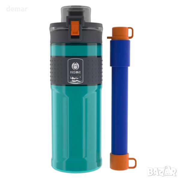 Филтърна бутилка за вода HISOIT с воден филтър Straw, 500 мл, зелена, снимка 1