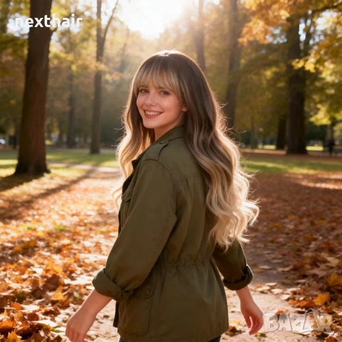 Дълга омбре перука с бретон - кафяво към пепеляво русо, меки вълни, снимка 8 - Аксесоари за коса - 53831185