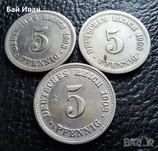 Стара монета 5 пфенига 1908 г. букви A , D и F - Германия -три разновидности !, снимка 14 - Нумизматика и бонистика - 39779148