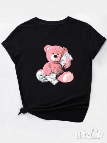 👕🐻💟💵🤑Дамска тениска за пролет и лято с къс ръкав, кръгло деколте и принт на мече, снимка 1 - Тениски - 46206159