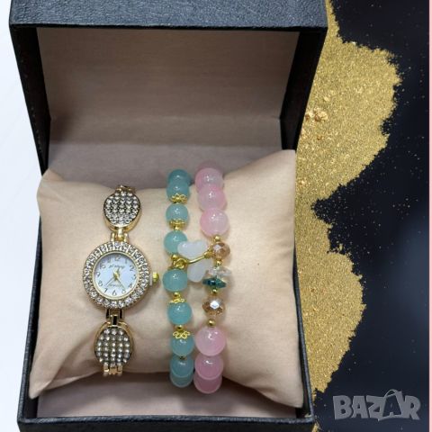 Елегантен дамски комплект аксесоари - часовник с камъни цирконии и 2 броя гривни с естествени камъни, снимка 1 - Бижутерийни комплекти - 46411049