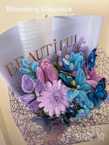 Вечен букет от плюшена тел с пеперуди, снимка 2 - Декорация за дома - 54174237