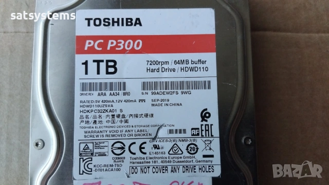 Хард диск Toshiba PC P300 HDWD110 1TB SATA 6.0Gb/s, снимка 3 - Твърди дискове - 53669498