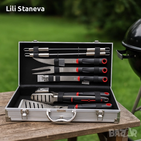 Луксозен комплект от 11 инструмента за барбекю в алуминиев куфар. , снимка 5 - Куфари с инструменти - 51772625
