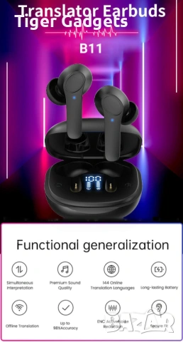 B11 Language Translator Earbuds – безжични слушалки с превод в реално време (74 езика), снимка 2 - Bluetooth слушалки - 53909961