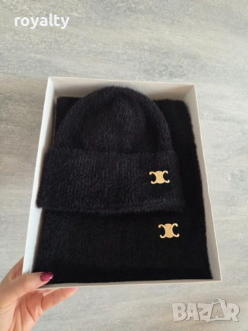 Celine Дамски Комплект Шапка + Шал Черен Най-Висок Клас , снимка 2 - Шалове - 53041150