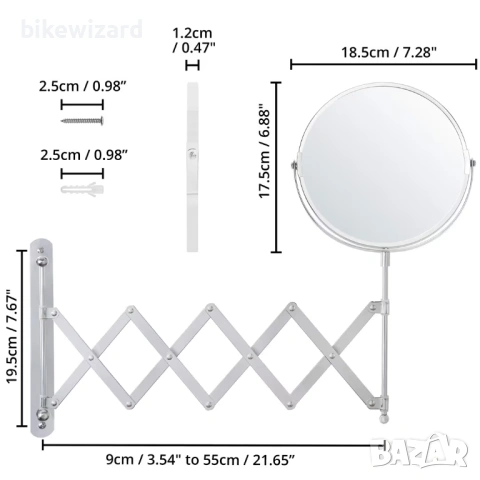 BELLE VOUS Хромирано стенно разтегателно огледало за баня с 3-кратно увеличение двустранно 360° НОВО, снимка 4 - Други - 53639586
