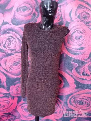 Кафява рокля с един ръкав и златист блясък М, снимка 1