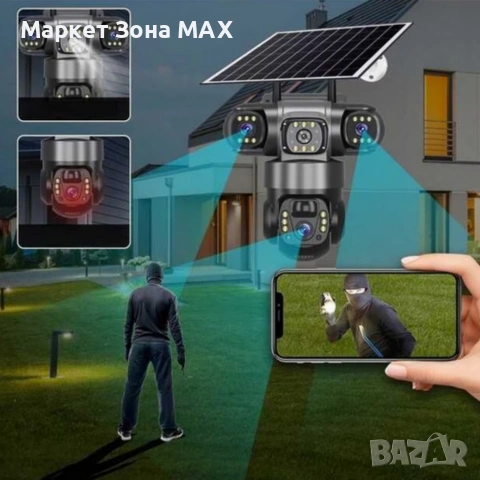 Соларна камера Lylu 4G със SIM и 4 лещи – автономно наблюдение без ток и Wi‑Fi, снимка 3 - IP камери - 53419315