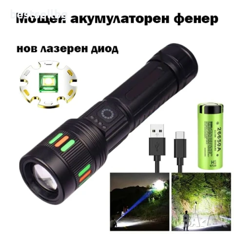 Мощен акумулаторен лазерен LED ръчен фенер лазерен диод прожектор USB зареждане риболов къмпинг лов