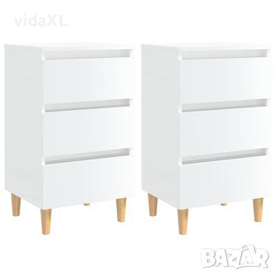 vidaXL Нощни шкафчета с дървени крака, 2 бр, бял гланц, 40x35x69 см（SKU:805900, снимка 1 - Шкафове - 45982255