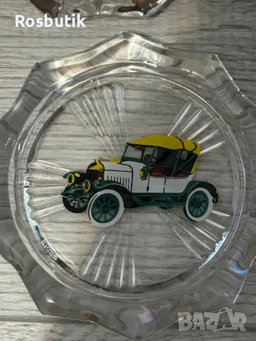 Старинен стъклен комплект с ретро коли , снимка 2 - Антикварни и старинни предмети - 53347938