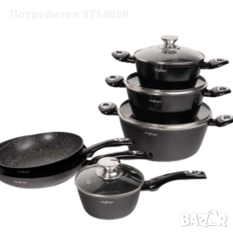 Комплект съдове за готвене Cheffinger от лят алуминий с мраморно покритие – 10 части, индукционни, снимка 4 - Съдове за готвене - 53175156