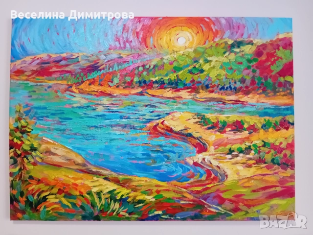 Голяма авторска картина "Изгрев при яз. Белмекен", снимка 2 - Картини - 52220141