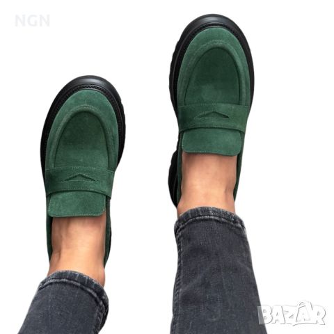 Модерни дамски лоуфъри в тъмно зелен естествен велур с класическа визия , снимка 12 - Дамски ежедневни обувки - 45082733
