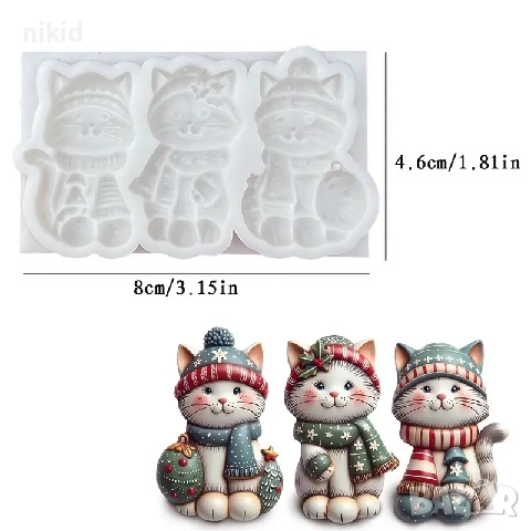 3 котки котета зимно коте силиконов молд форма фондан торта декор украса, снимка 2 - Форми - 51648034