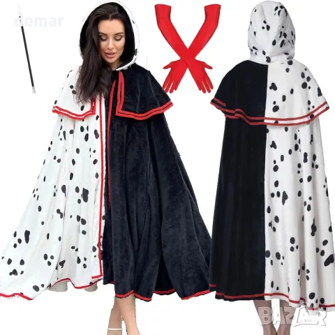 MAISUIZI Костюм Cruella Deville, черно и бяло, с качулка и червени ръкавици, L, снимка 1