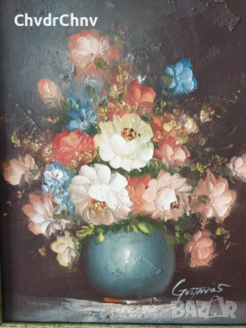 Gustavus 33х28см/малка стара картина масло върху платно/натюрморт ваза с цветя/дървена рамка, снимка 2 - Картини - 50823368