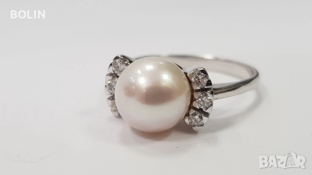 Златен пръстен с перла и диаманти , снимка 5 - Пръстени - 52777612