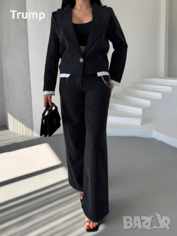 Елегантен комплект от скъсено сако и панталон, фино рае, цвят черен, снимка 4 - Костюми - 53931166