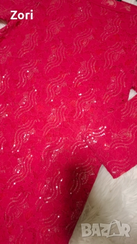 Дантелена рокля с прозрачни пайети в наситен розово-червен цвят, снимка 8 - Рокли - 52598753
