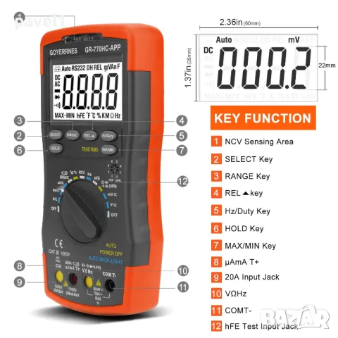 Професионален Мултиметър Мултицет GR-770HC-APP TRMS 6000Counts, 60mV~1000V, AC 60mV~750V и други, снимка 3 - Други инструменти - 48046806