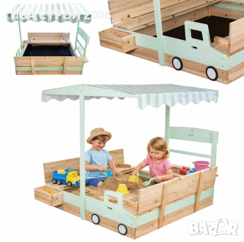 Детски дървен пясъчник 120 см | Въртящ се навес 360° и пейки | PraktiHome, снимка 3 - Игри и пъзели - 54237500