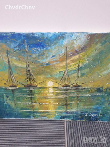 Малка картина масло върху платно/Деница Гарелова/морски кораби, снимка 1