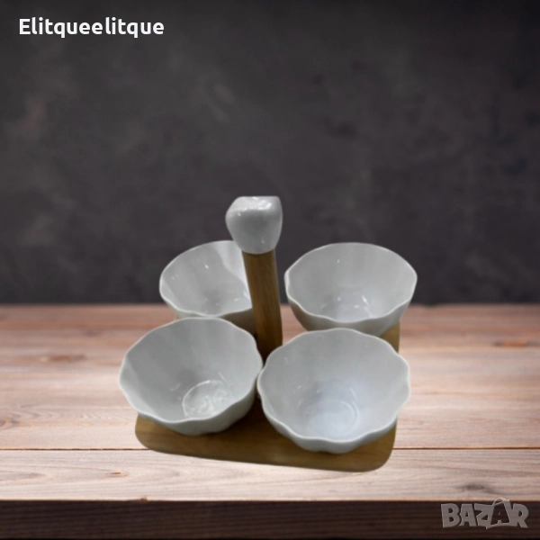 Елегантен комплект от 4 керамични купички с дървена стойка, снимка 1
