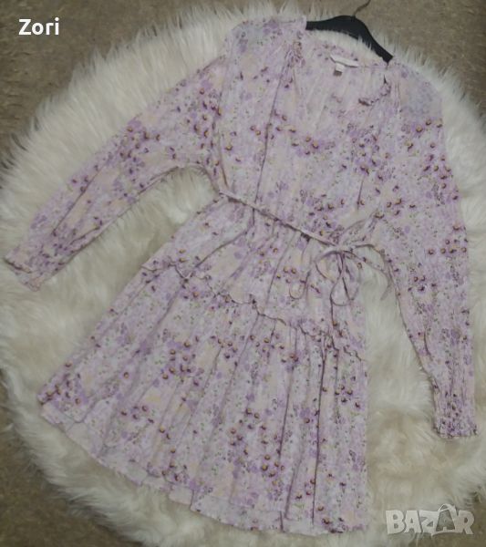 ИЗКЛЮЧИТЕЛНО КРАСИВА рокля на лилави маргаритки с къдрички и коланче в бохо стил , снимка 1