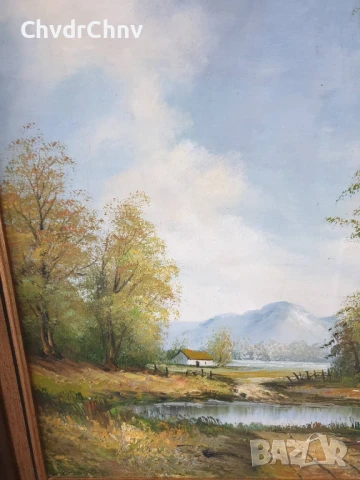 80х70см/голяма картина масло върху платно/селски пейзаж/къщи-дървета-планина/дървена рамка, снимка 3 - Картини - 50852639