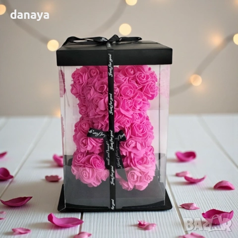 6377 Романтичен подарък Мече от рози в кутия, 22 см, снимка 3 - Декорация за дома - 53294036