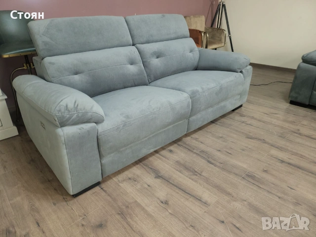 Сив комплект дивани от плат две тройки с ел релакс механизъм, снимка 10 - Дивани и мека мебел - 53740006