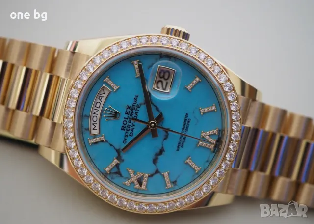 Rolex Day Date Gold  Sky Blue Diamonds Roman , снимка 2 - Луксозни - 47709831