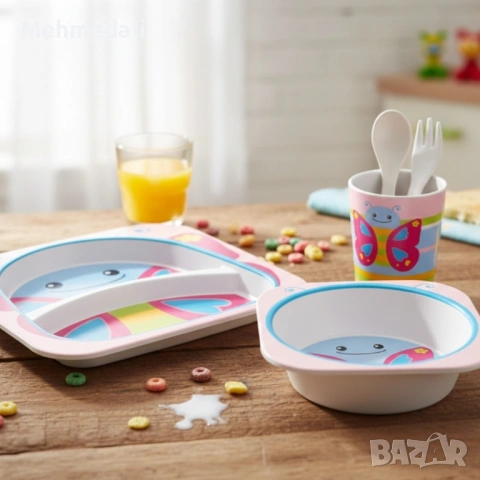 Детски комплект за хранене Cheffinger – 5 части  Чиния, купичка, чаша, лъжица и вилица , снимка 3 - Прибори за хранене, готвене и сервиране - 53168804