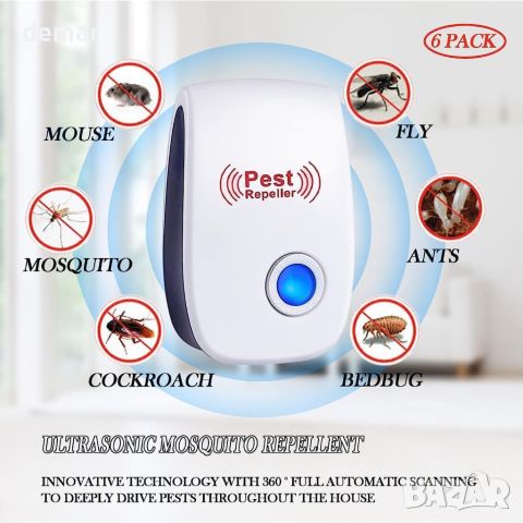 Ултразвуков репелент срещу комари, хлебарки, мишки, паяци, мухи, 4 бр., снимка 3 - Други стоки за дома - 45425081
